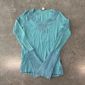 Vintage Y2K Long Flare Sleeve Knitted Pattern Blouse Crochet Basic Blue Medium